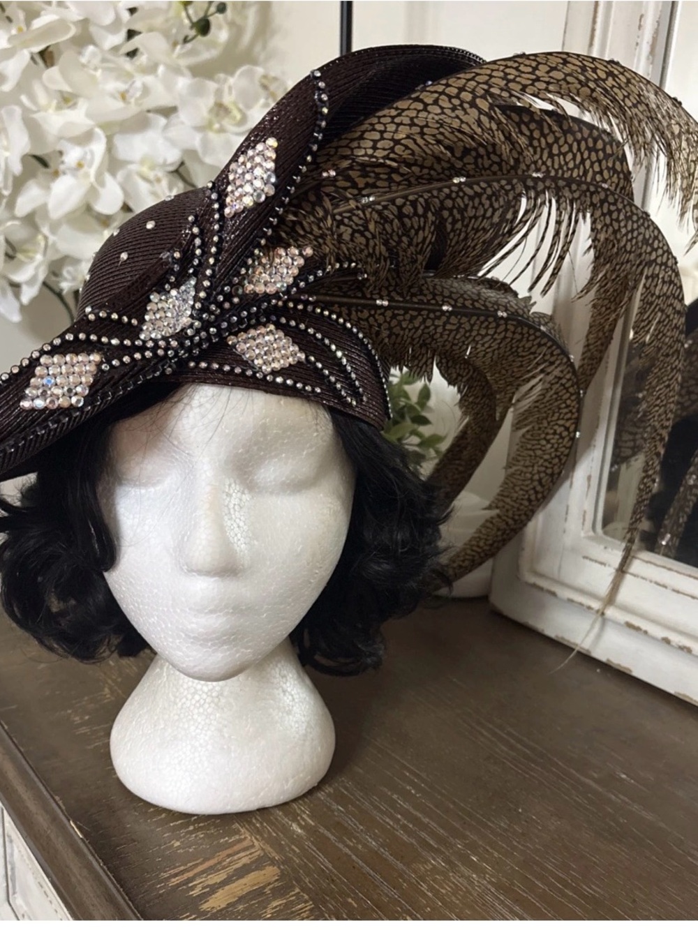 Crystal-Trim Brown Feathered Cocktail Hat